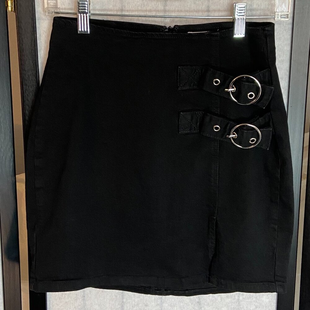 Windsor Black Front Side Slit Denim Mini Skirt S Stretch Double Buckle